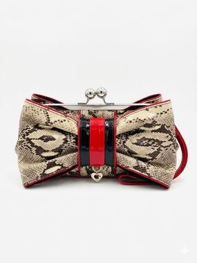 Snake-Print Bow Clutch with Red & Black Patent Trim